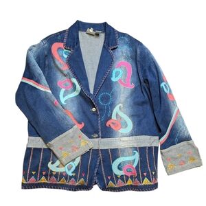 Embroidered Denim Jacket 1X | Artsy Statement Boho Western Art To Wear